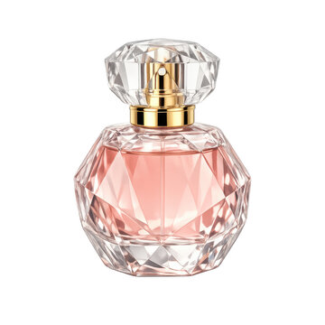Faceted glass perfume bottle with soft blush pink liquid, luxury fragrance container with gold sprayer and crystal cap, elegant beauty product isolated on transparent background for mockup.