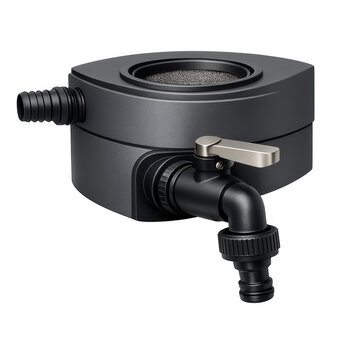 Modern Matte Black Rainwater Collection Barrel Spigot Attachment and Diverter for Garden Water Butt with Hose Connector and Metal Lever, Isolated on Transparent Background Cutout