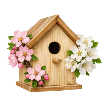 Small Wooden Birdhouse Crafted from Light Natural Wood Decorated with Pink and White Spring Apple Blossoms, Garden Nesting Box for Birds Isolated on Transparent Background for Design Projects.
