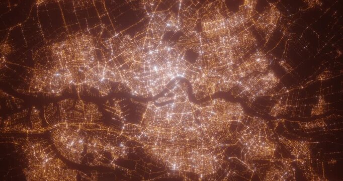 Rotterdam (Netherlands) aerial view at night. Top view on modern city with street lights. Camera is zooming out, rotating clockwise