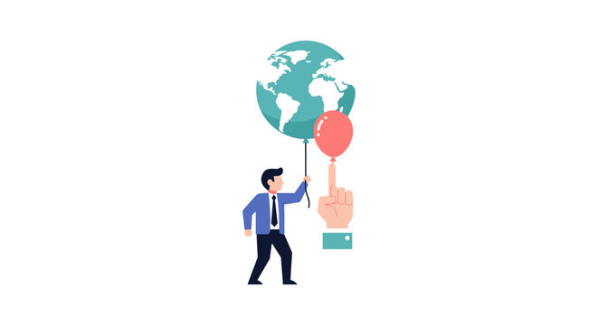 businessman holding globe on string with hand pointing