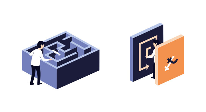 Businessman navigating through complex maze and finding solution