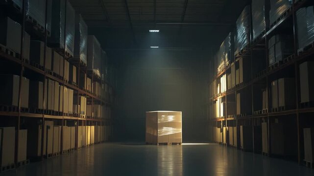 Single package resting on a palette in a vast, dimly lit industrial warehouse aisle with towering rows of shelves filled with numerous boxes, highlighted by a single overhead spotlight