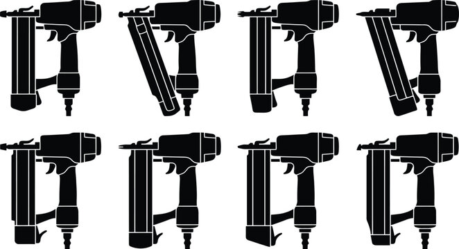 Collection of Black Silhouette Staple Gun Icons in Various Orientations Keywords: staple gun, nail gun, tool, hardware, construction, DIY, repair, fastening, industrial, equipment, silhouette