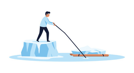 Businessman on iceberg pulling rope tied to floating iceberg, symbolizing challenge and risk © FatemaStock