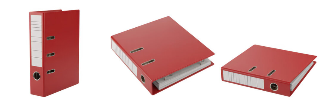 Three red binder folders with white paper red binders office supplies isolated on a transparent background