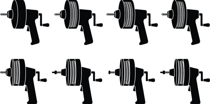 Eight Black and White Silhouettes of Drain Cleaning Augers with Crank Handles Keywords: drain cleaner, auger, plumbing tool, sewer snake, pipe cleaning, maintenance, repair, tool, equipment