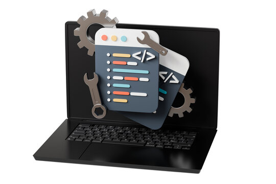 3d laptop coding icon. web development concept. minimal cartoon code editor gear wrench for developer tools. isolated on white transparent background. 3d render.