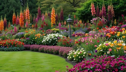 Obraz premium Lush English Cottage Garden in Full Bloom with Colorful Foxgloves and Tulips