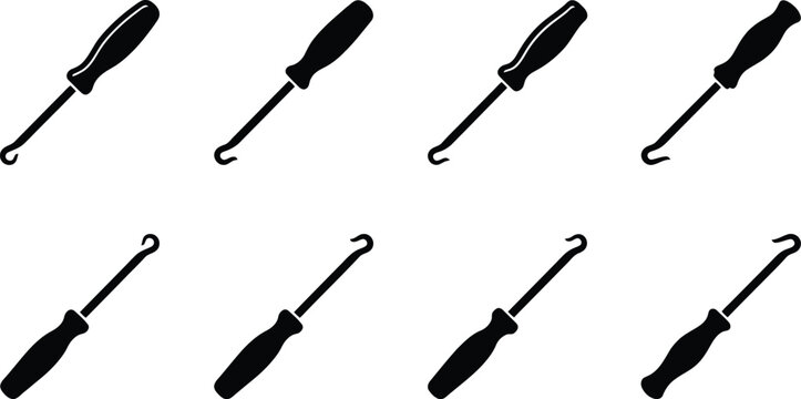 Set of eight black silhouette icons of hook screwdrivers on a white background hook tool upholstery tool
