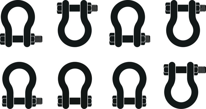 Set of eight black silhouette icons of shackles with bolt and nut closures rigging hardware