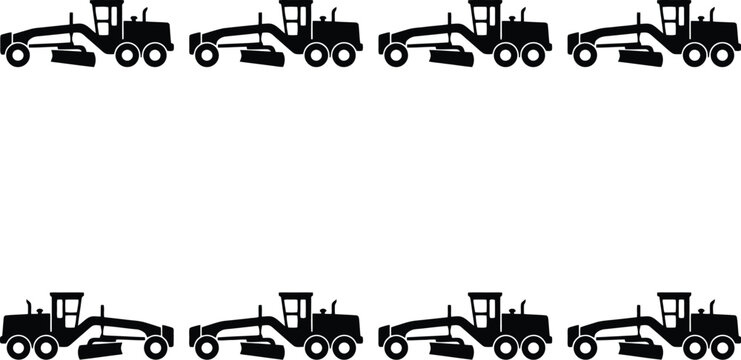Set of eight black silhouette icons of motor graders with angled blades on a white background construction equipment