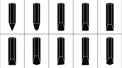 Obraz premium Set of ten black silhouette icons depicting different pencil tip shapes and pencil lead points graphite