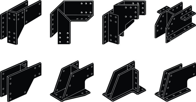Black Metal Structural Brackets and Connectors with Bolt Holes Keywords: metal, steel, iron, structural, bracket, connector, joint, beam, support, construction, engineering, industrial, hardware