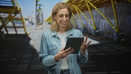 Woman holding tablet with hands, smiling while reading on street shelter with yellow beams and platform  calm focus. © Krakenimages.com
