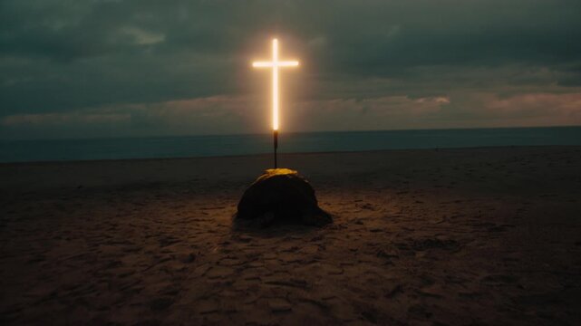 Man bent over praying under the cross