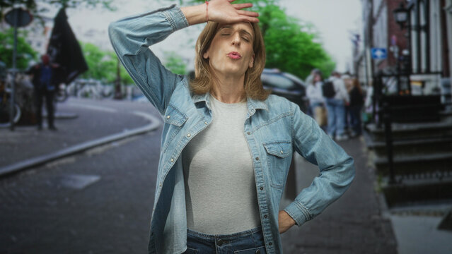Woman smiling and tilting head slightly with hand on hip, wearing denim jacket and gray top on a city street lined with trees and buildings; casual confidence.