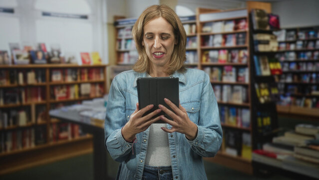 Woman tapping tablet with hands while smiling and browsing inside bookstore building; leisure reading contentment.
