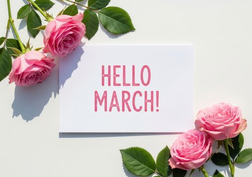 Hello march greeting card with pink roses