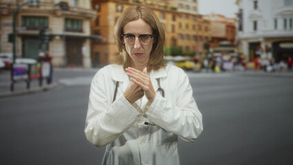 Fototapeta premium Woman doctor in white coat with stethoscope presses hands together at chest on street; concern professional duty.
