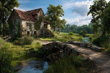Fototapeta premium Countryside riverside in a European rural setting.