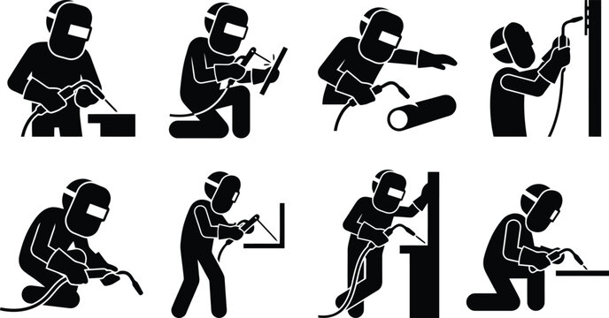 Welder Icon Set Showing Different Poses and Actions on White Background illustration