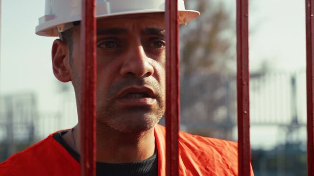 scared worker locked behind the gate