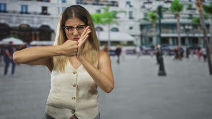 Fototapeta premium Woman using hands to sign with mouth open in a busy street plaza with blurred passersby and palm trees in view; communication concentration.