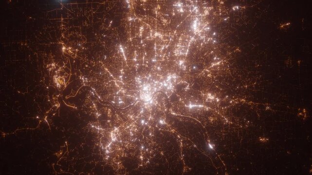 Cincinnati (Ohio, USA) aerial view at night. View on modern city from space. Camera is zooming in, rotating counterclockwise