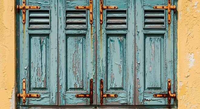 A close-up of a weathered turquoise wooden shuttered window with rusty metal hinges