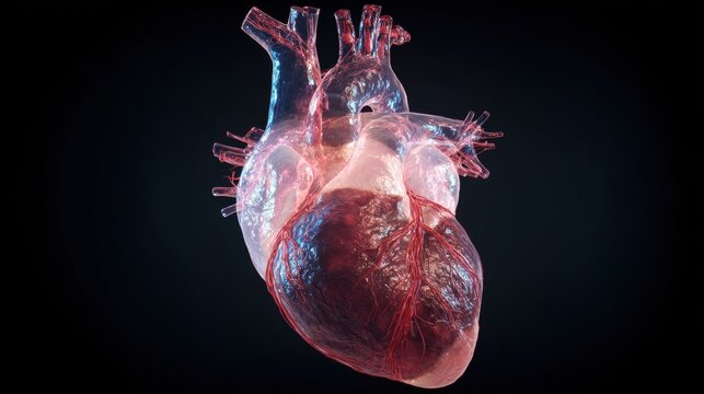 Transparent human heart beating slowly with visible arteries and blood flow, medical 3D animation, realistic anatomy visualization