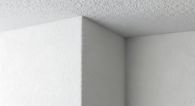 A close-up of a white corner with a textured ceiling