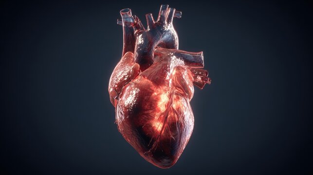 Transparent human heart beating slowly with visible arteries and blood flow, medical 3D animation, realistic anatomy visualization