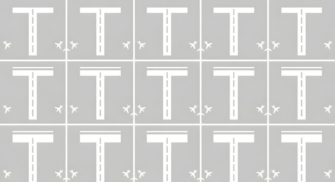 A pattern of white airport runways and planes on a gray background