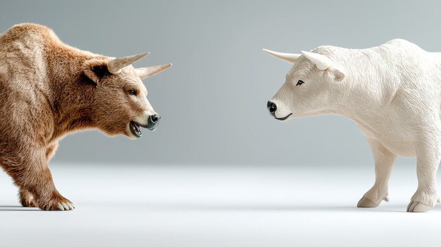 Bear and bull figurines representing market trends, showcasing contrast between bearish and bullish sentiments in finance