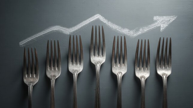 A fork bent downwards forms a downward financial chart arrow, a concept of economic recession and food crisis