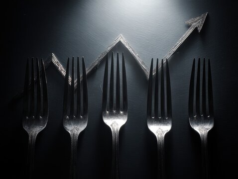 A fork bent downwards forms a downward financial chart arrow, a concept of economic recession and food crisis