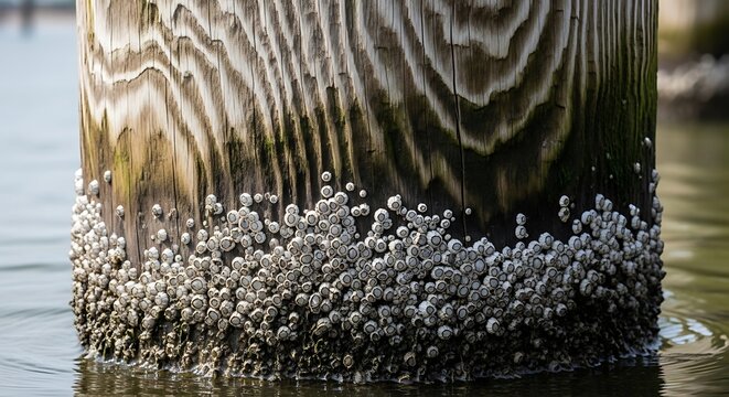A close-up of a wooden pole covered in barnacles