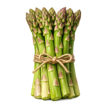 A bunch of fresh green asparagus tied with a twine string bow, healthy organic spring vegetable isolated on transparent background, premium raw produce for culinary use and food photography.