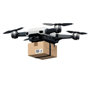 Modern delivery drone quadcopter carrying a small cardboard parcel package with barcode, autonomous logistics technology for fast shipping, isolated on transparent background cutout PNG.