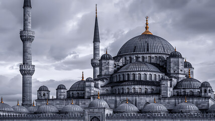 Naklejka premium Blue Mosque in Istanbul, Turkey, cloudy day, gray tones