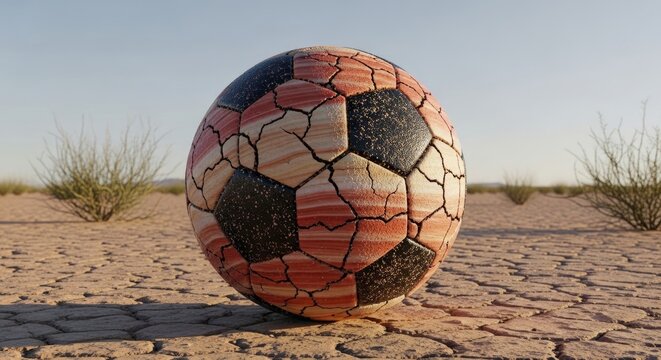 Abandoned soccer ball in desert landscape.