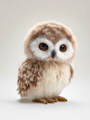 Obraz premium Fluffy baby owl chick with big eyes standing on white studio background close up portrait