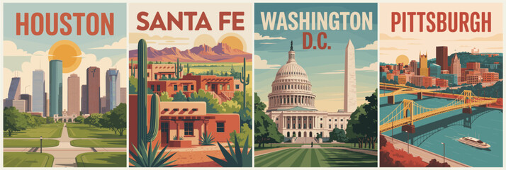 Obraz premium Vintage travel poster shows four American cities. Houston, Santa Fe, Washington D.C., and Pittsburgh are featured. Each city is rendered with nostalgic, warm-toned photo style