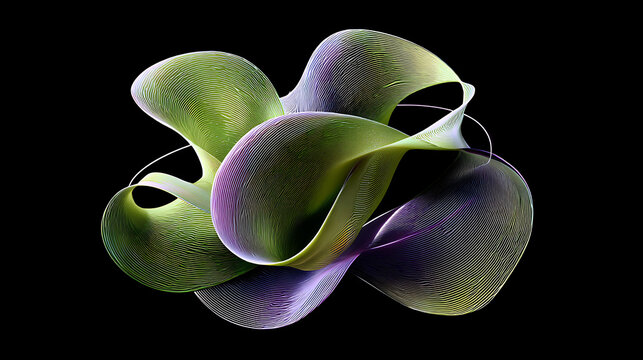 A green and purple abstract object with curved lines