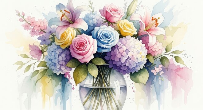 Watercolor Pastel Floral Bouquet in Glass Vase isolated on Transparent Background