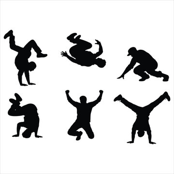 Silhouettes of people performing various breakdancing moves