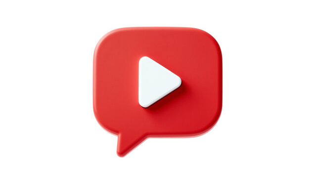 Isolated glossy red speech bubble containing a white play button for video communication