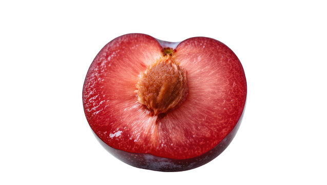 Isolated ripe red plum half revealing juicy fruit flesh and central seed pit