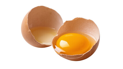 Isolated fresh raw chicken egg cracked in two halves with bright yellow yolk and albumen © Andrej